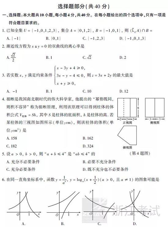 2019年高考數(shù)學(xué)真題及參考答案（浙江卷）